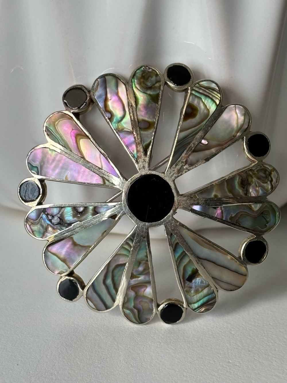 Vintage Mexico Sterling Abalone & Onyx Daisy Flower Brooch or Pendant Signed “AR